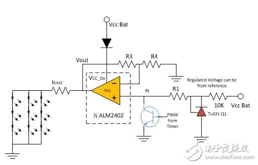 Driving two-way high current op amps to drive automotive LED lights