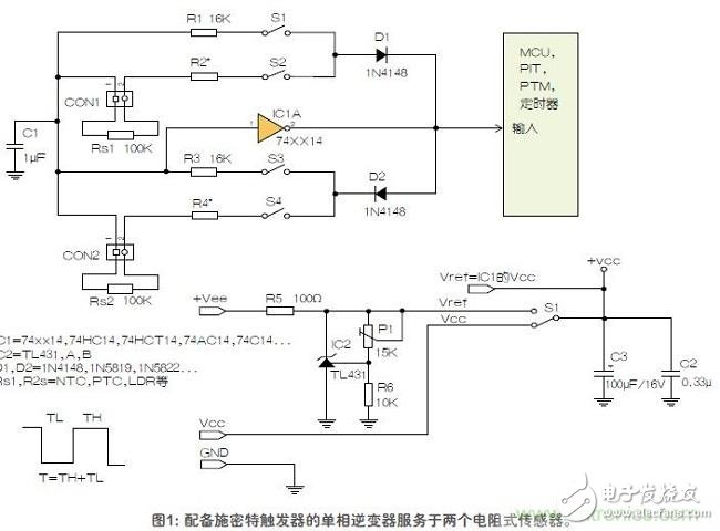 How do you measure two resistive sensors or multiple switches with a single Schmitt trigger?