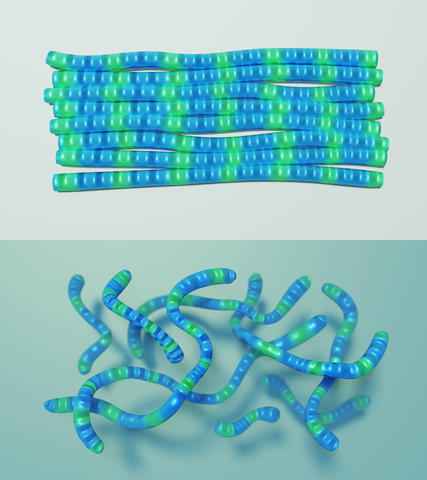 These images show the PCDTPT material in two forms: a solid state (top) and a state suspended in a liquid (bottom)