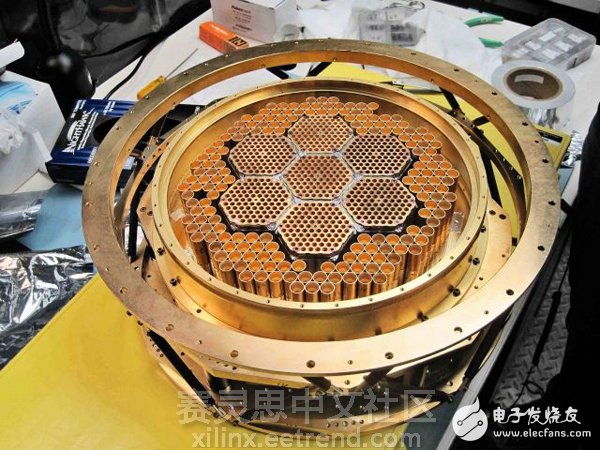 Figure 2 â€“ Microwave focal plane array of the Antarctic telescope. The inner seven hexagonal modules are 150 GHz arrays and the outer ring is a 90 GHz array. Each pixel has its own independent horn antenna that couples light to each of the two similar TES bolometers.