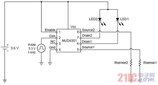 Adopt linear regulator NUD4301 as two LED driver circuits to drive backlight of small LCD panel