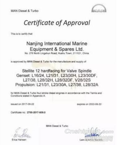 Nanjing International Marine Equipment Parts Valves are certified by MAN