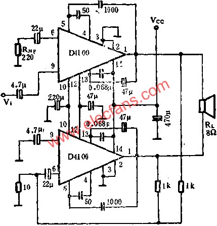 D4100/D4101/D4102 audio power amplifier circuit is connected to the application of BTL amplifier circuit 