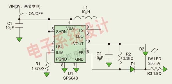 Figure 2: Control circuit for a two-fifth battery-powered 350mA LED.