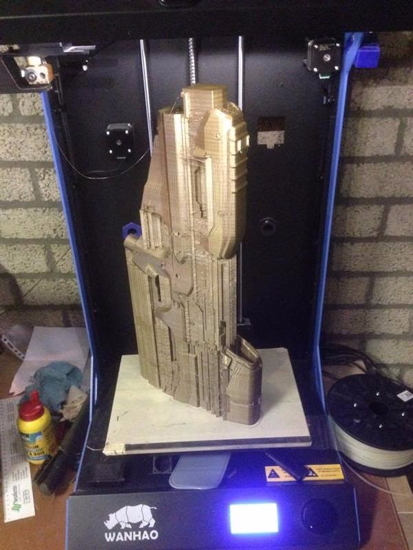 Printed on a large 3D printer. The author used a gold PLA material.