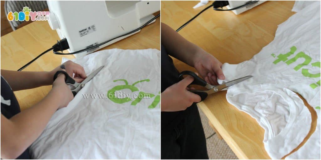 Old T-shirt making green shopping bags