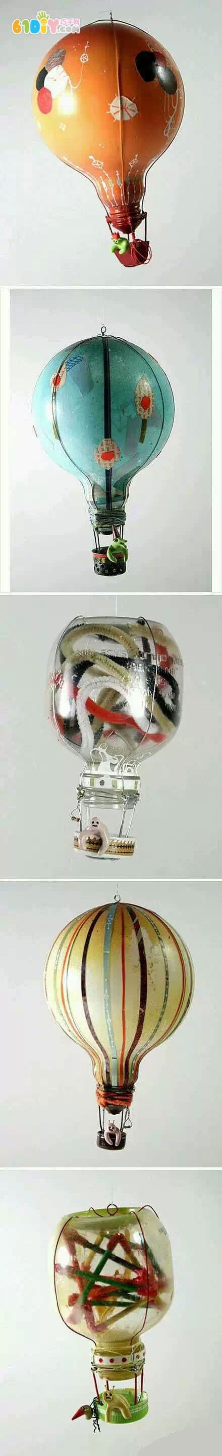 Old light bulb and small bottle making cartoon hot air balloon
