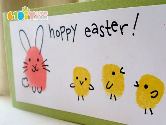 Easter greeting card, fingerprint, rabbit and chick