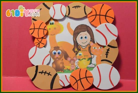 Children's handmade photo frame made with balls