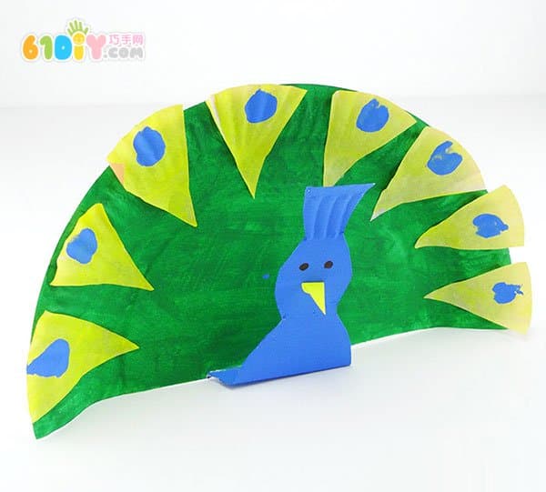 Children's paper tray handmade cute green peacock making