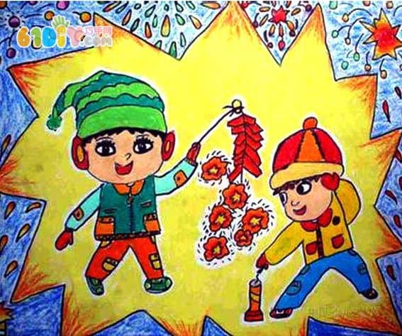 Children's new year paintings, fireworks, firecrackers