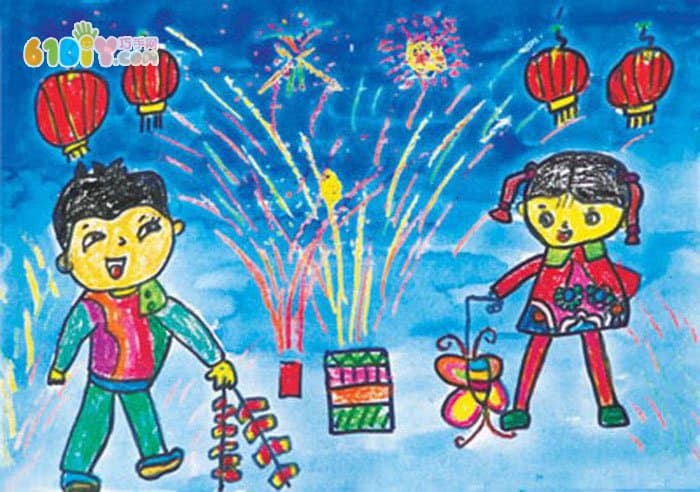 Children's new year paintings, fireworks, firecrackers