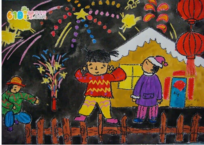 Children's new year paintings, fireworks, firecrackers