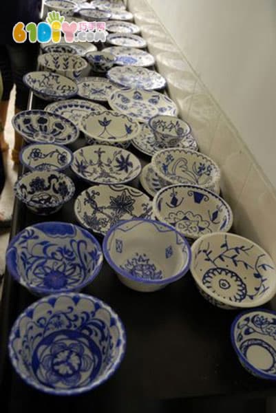 Children's handmade paper bowl paper plate blue and white porcelain works