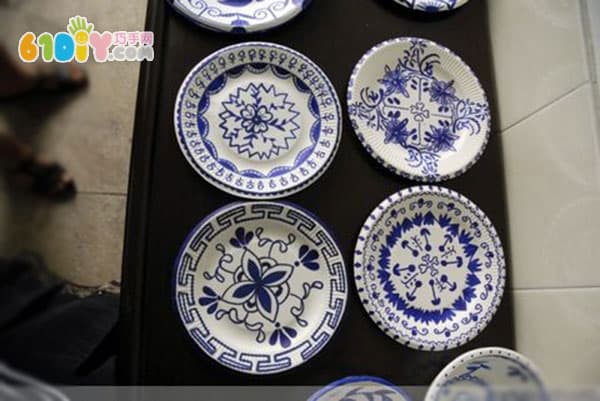 Children's handmade paper bowl paper plate blue and white porcelain works