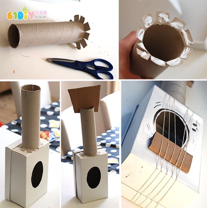 Children's creative DIY waste carton paper tube making guitar