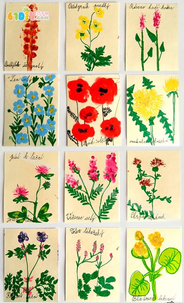 Finger painting a variety of flower plants