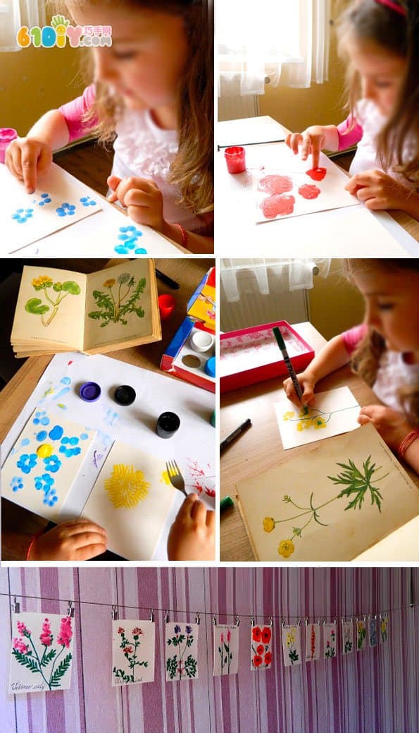 Finger painting a variety of flower plants