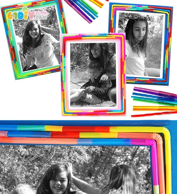 Children's creative production of colorful straw photo frames