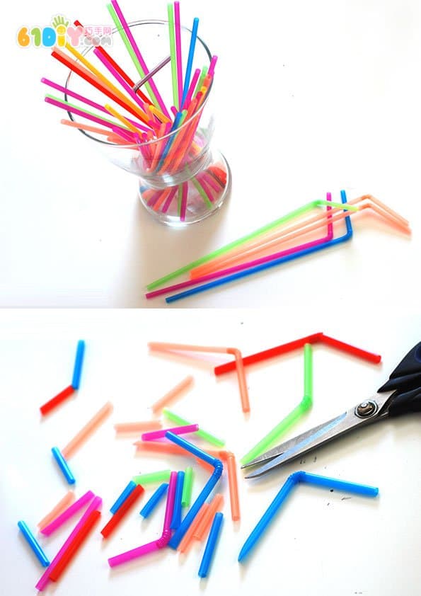 Children's creative production of colorful straw photo frames