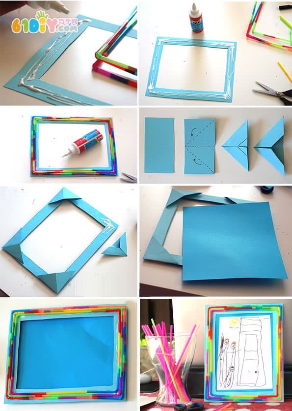 Children's creative production of colorful straw photo frames