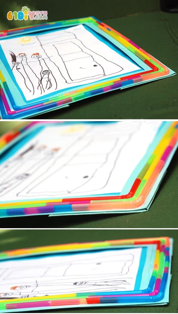 Children's creative production of colorful straw photo frames