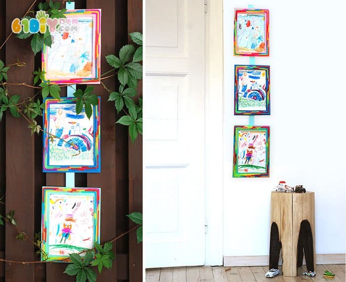 Children's creative production of colorful straw photo frames