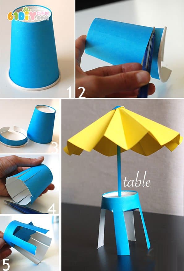 Children's creative handmade tables and chairs and beach umbrellas