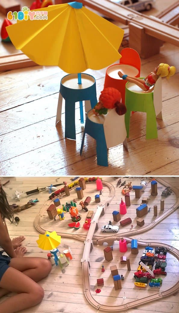 Children's creative handmade tables and chairs and beach umbrellas