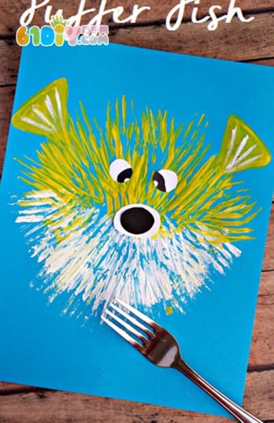 Children creative fork painting cute puffer fish