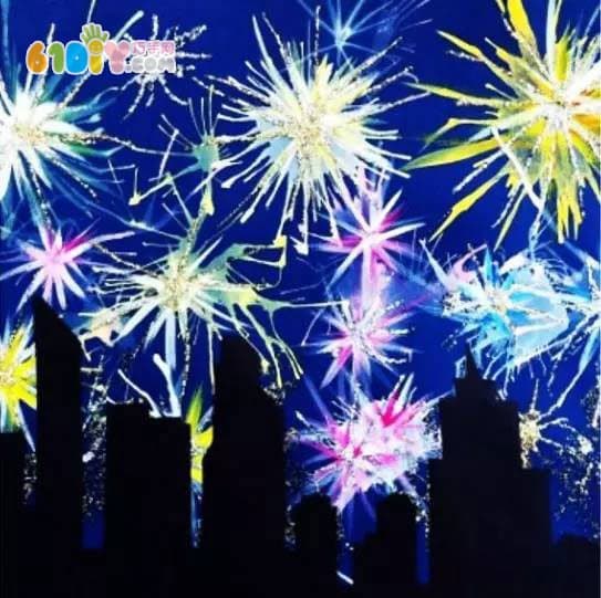 National Day DIY production Blowing straw painting fireworks