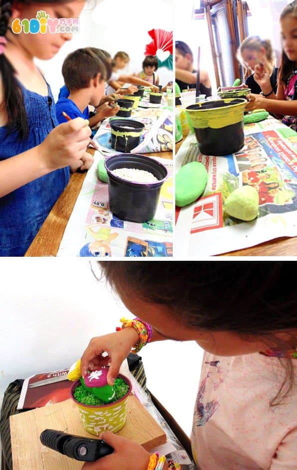 Children's creative handmade cobblestone making cactus