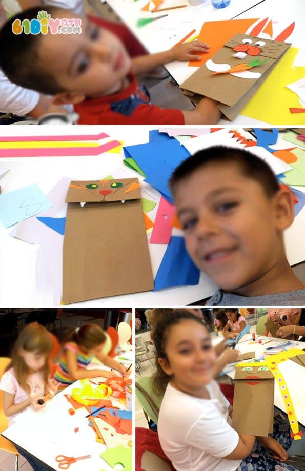 Children making funny paper bag hand puppets