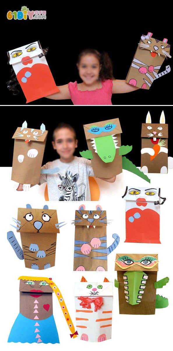 Children making funny paper bag puppets