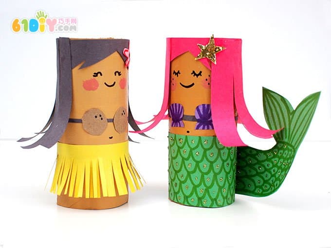 Roll paper tube creative change, grass skirt girl and mermaid