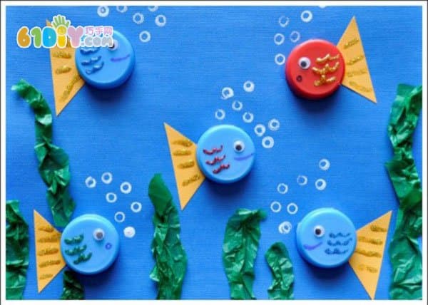 Children's handmade caps and small fish stickers