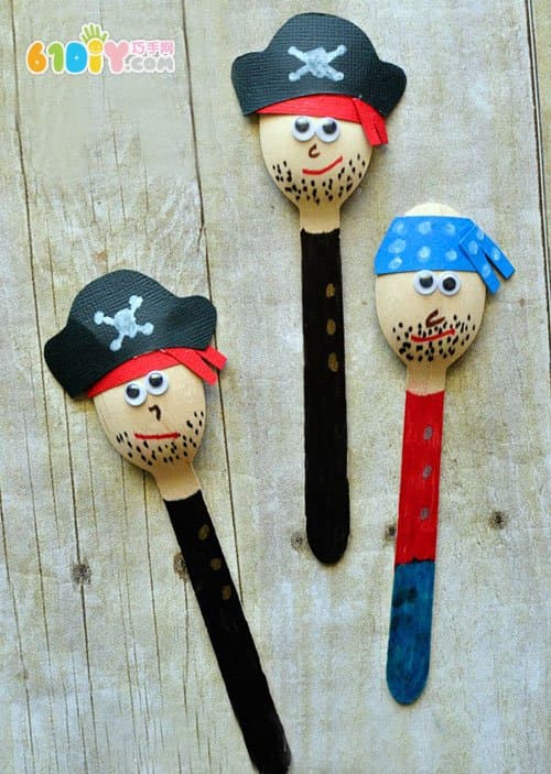 Children's handmade wooden spoon making cute pirates