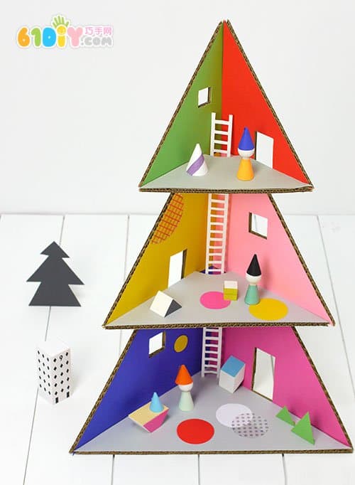 Waste cardboard DIY Christmas tree shaped dolls house