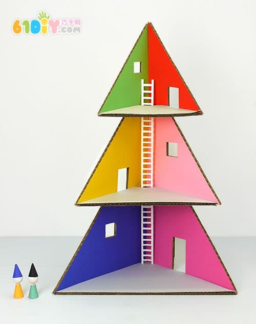 Waste cardboard DIY Christmas tree shaped dolls house