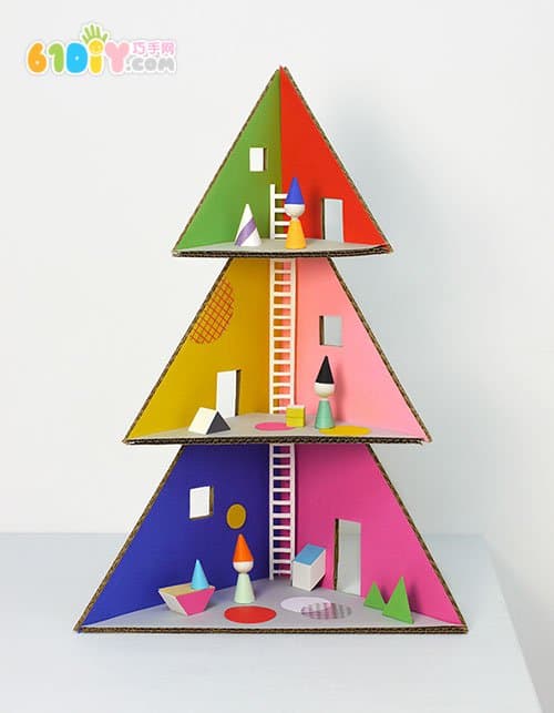 Waste cardboard DIY Christmas tree shaped dolls house