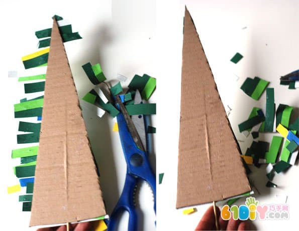 Children's Christmas handmade cardboard waste making Christmas tree