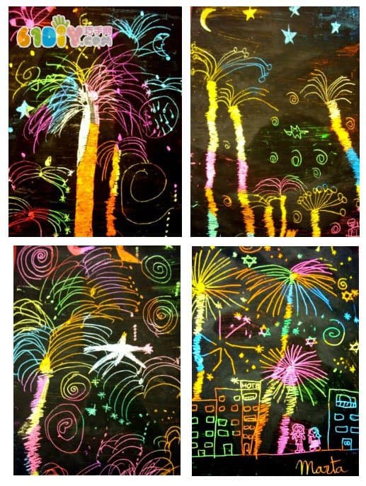 Scratch paper, hand drawn new year fireworks