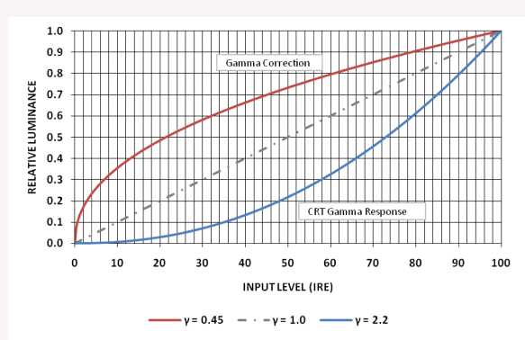 Figure 1: Basic gamma correction and gamma response curve. (Relative brightness, input level, gamma correction, CTR gamma response)