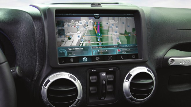 The picture shows the console of the QNX benchmark vehicle in the specially modified Jeep Wrangler