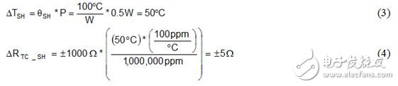 Equation 3 calculates the resistor temperature increase Î”TSH caused by power dissipation.