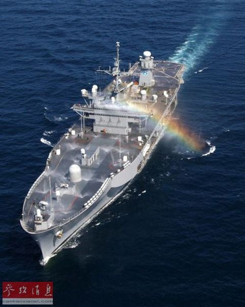 His concerns were echoed by Air Force Minister Deborah James. James said: "History teaches us that the consequence of insufficient preparation is that the conflict time is prolonged and the number of lost lives is increased." The picture shows the Blue Ridge-class command ship under the rainbow.