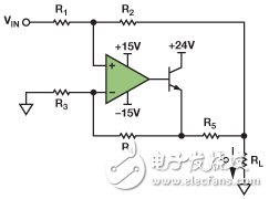 Figure 1. Improved Howland current source drives the grounded load.