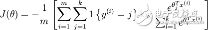 \begin{align}J(heta) = - \frac{1}{m} \left[ \sum_{i=1}^{m} \sum_{j=1}^{k} 1\left\{y ^{(i)} = jight\} \log \frac{e^{heta_j^T x^{(i)}}}{\sum_{l=1}^ke^{ heta_l^T x^{(i )}}}ight]\end{align}