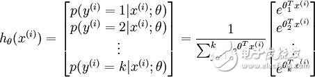 \begin{align}h_heta(x^{(i)}) =\begin{bmatrix}p(y^{(i)} = 1 | x^{(i)}; heta) \\p(y^{ (i)} = 2 | x^{(i)}; heta) \\\vdots \\p(y^{(i)} = k | x^{(i)}; heta)\end{bmatrix} =\frac{1}{ \sum_{j=1}^{k}{e^{ heta_j^T x^{(i)} }} }\begin{bmatrix}e^{ heta_1^T x^{( i)} } \\e^{ heta_2^T x^{(i)} } \\\vdots \\e^{ heta_k^T x^{(i)} } \\\end{bmatrix}\end{ Align}