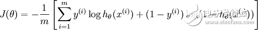 \begin{align}J(heta) = -\frac{1}{m} \left[ \sum_{i=1}^my^{(i)} \log h_heta(x^{(i)}) + (1-y^{(i)}) \log (1-h_heta(x^{(i)})) ight]\end{align}